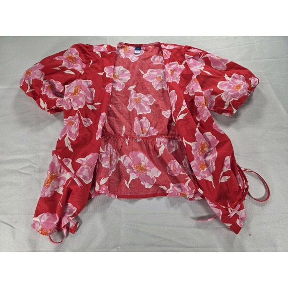 NWT Old Navy Floral‎ Puff Sleeve Wrap Top S Red Pink Cottagecore Peplum Babydoll - Picture 3 of 11